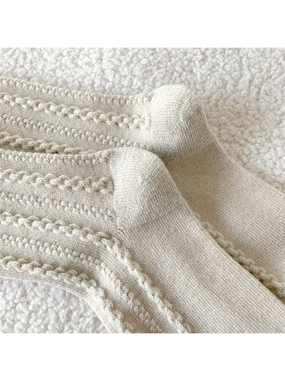Close-up of the cable-knit columns and shaped heel panels