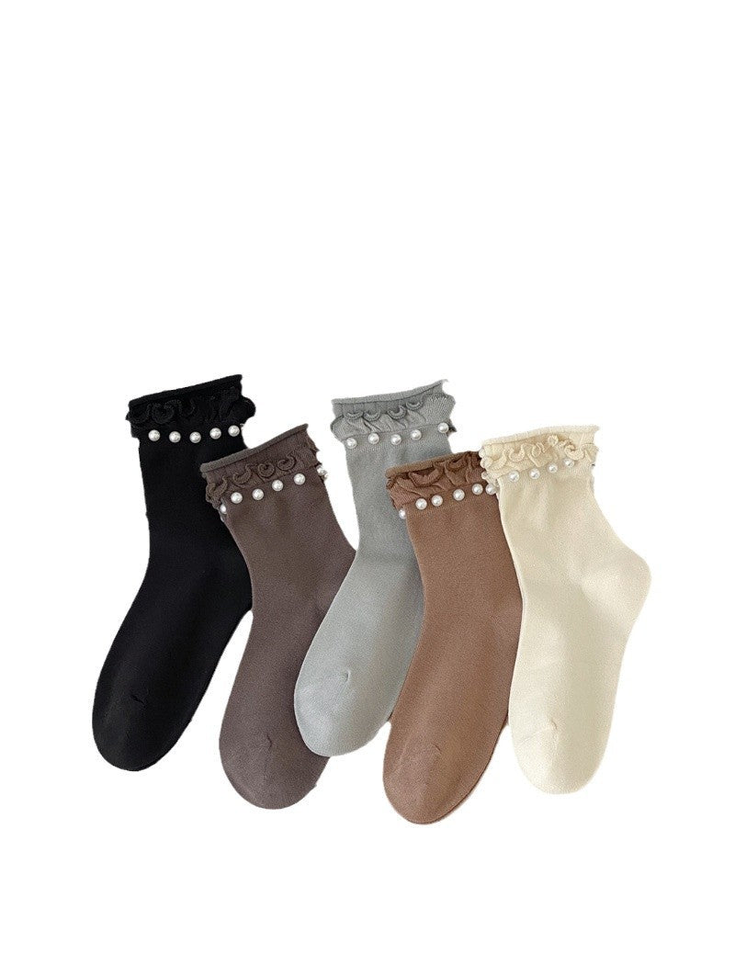 Five colors of ruffled crew socks with white bead-like cuff accents