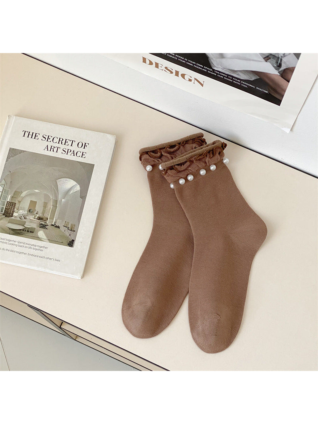 Camel ruffled crew socks with white bead-like cuff accents