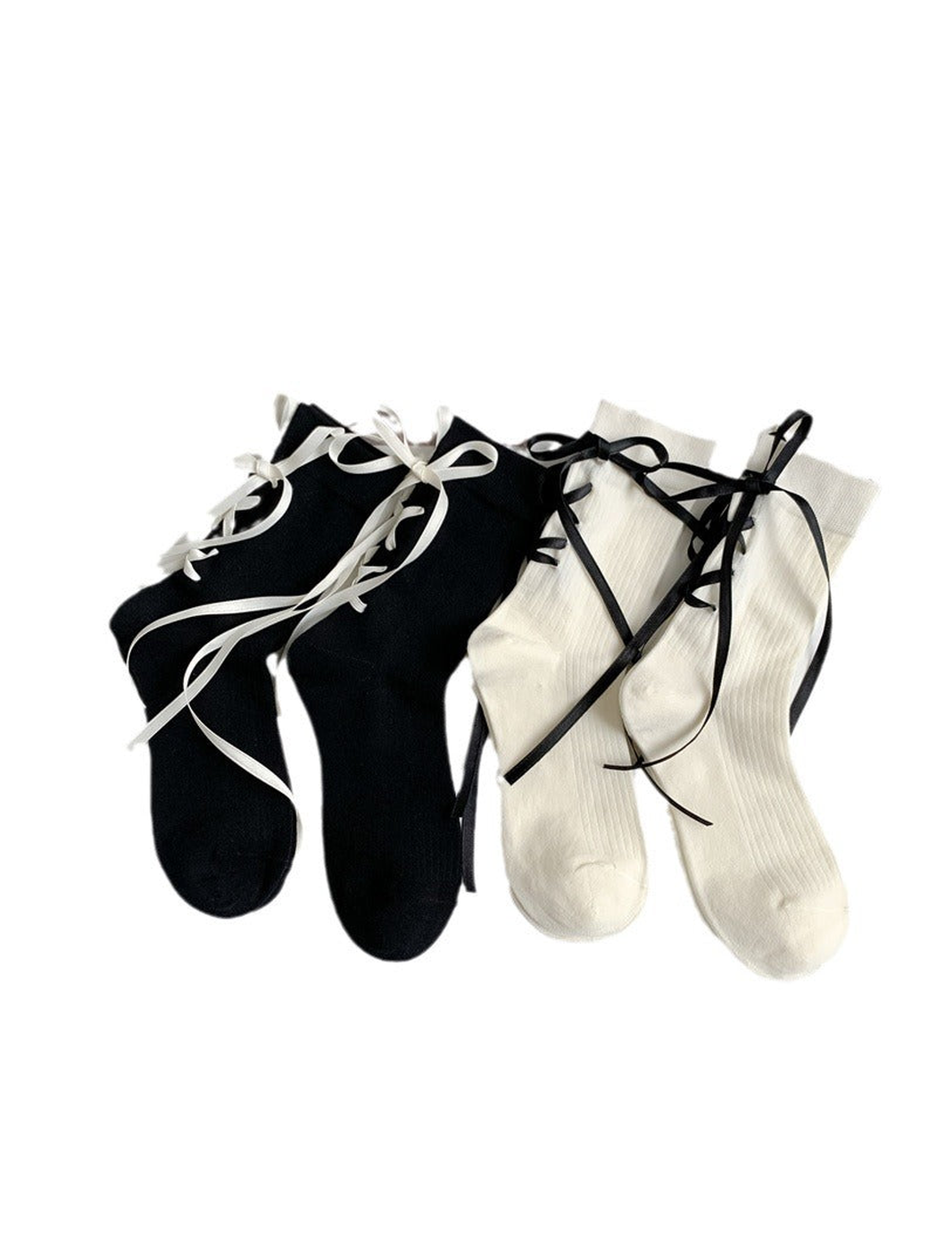 Black and ivory ribbed crew socks with contrasting ribbon lace-up details