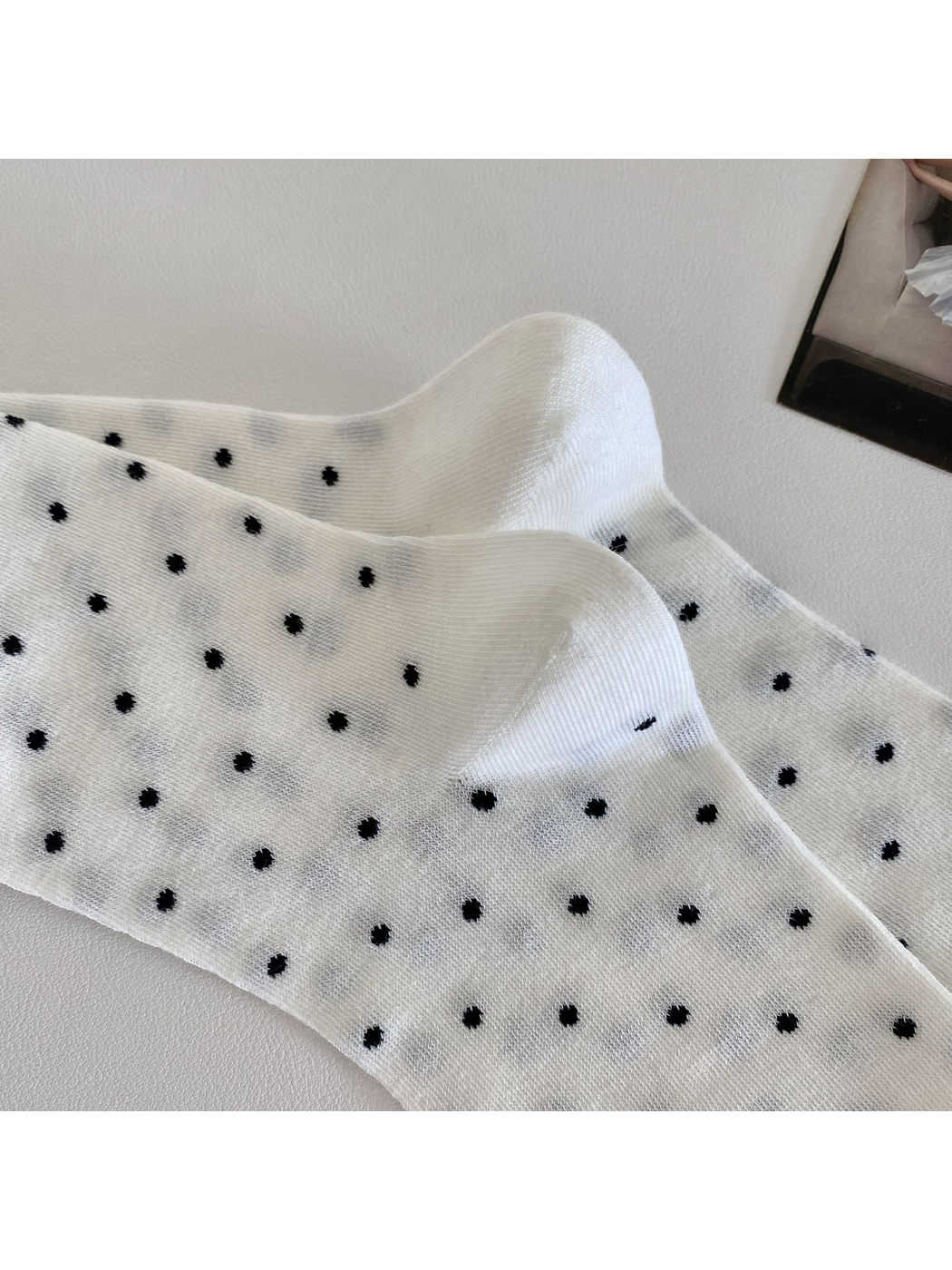Close-up of the white polka-dot socks' plain heel panels
