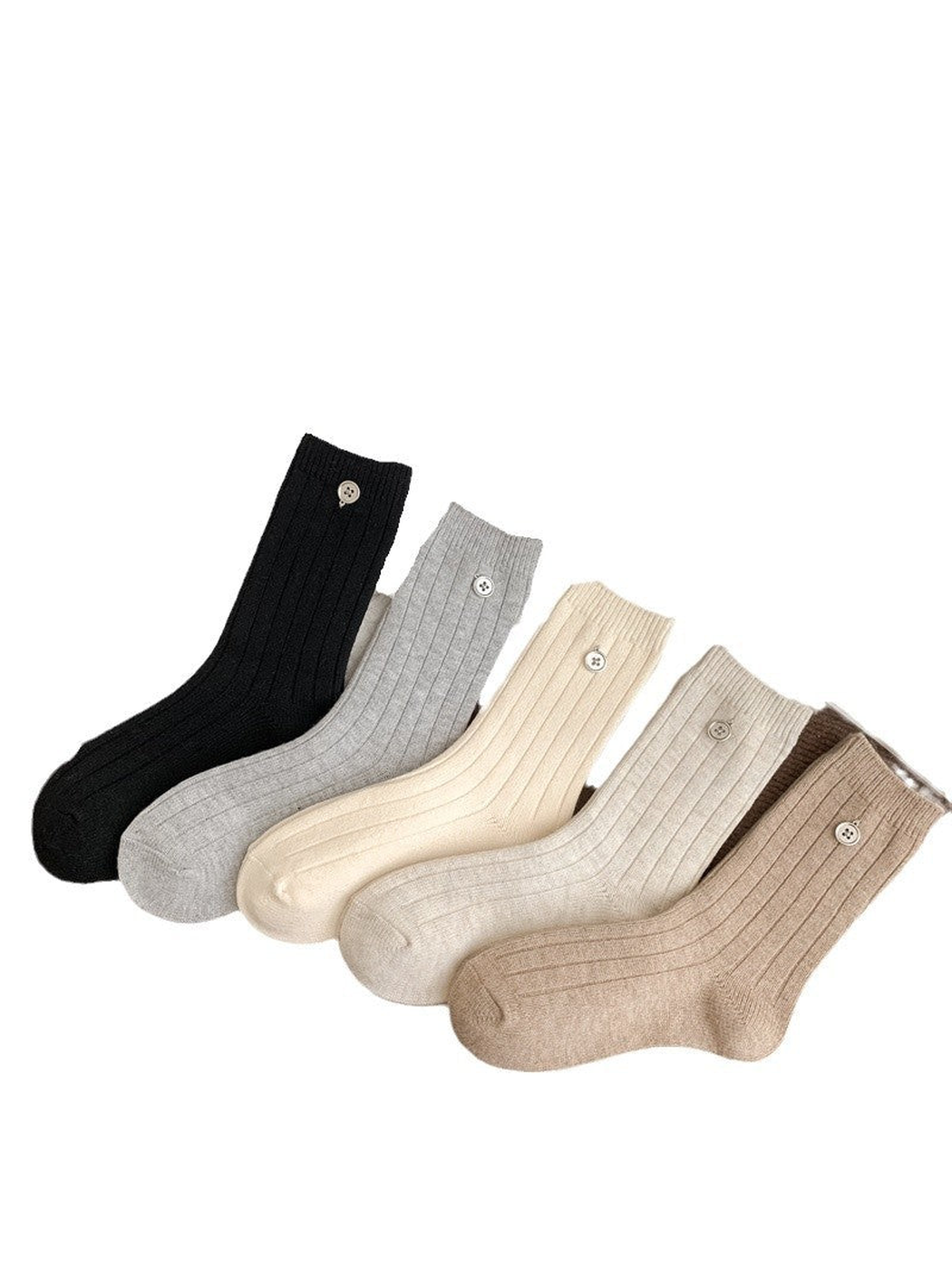 Five colors of ribbed crew socks displayed together