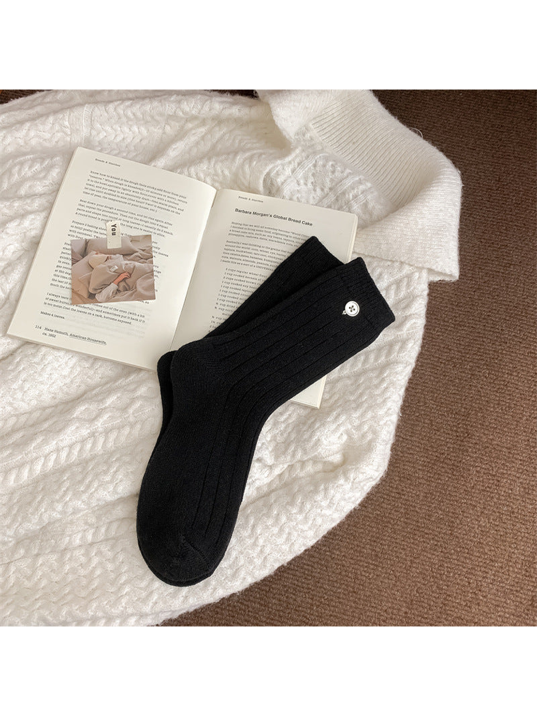 Black ribbed crew socks with round cuff charm