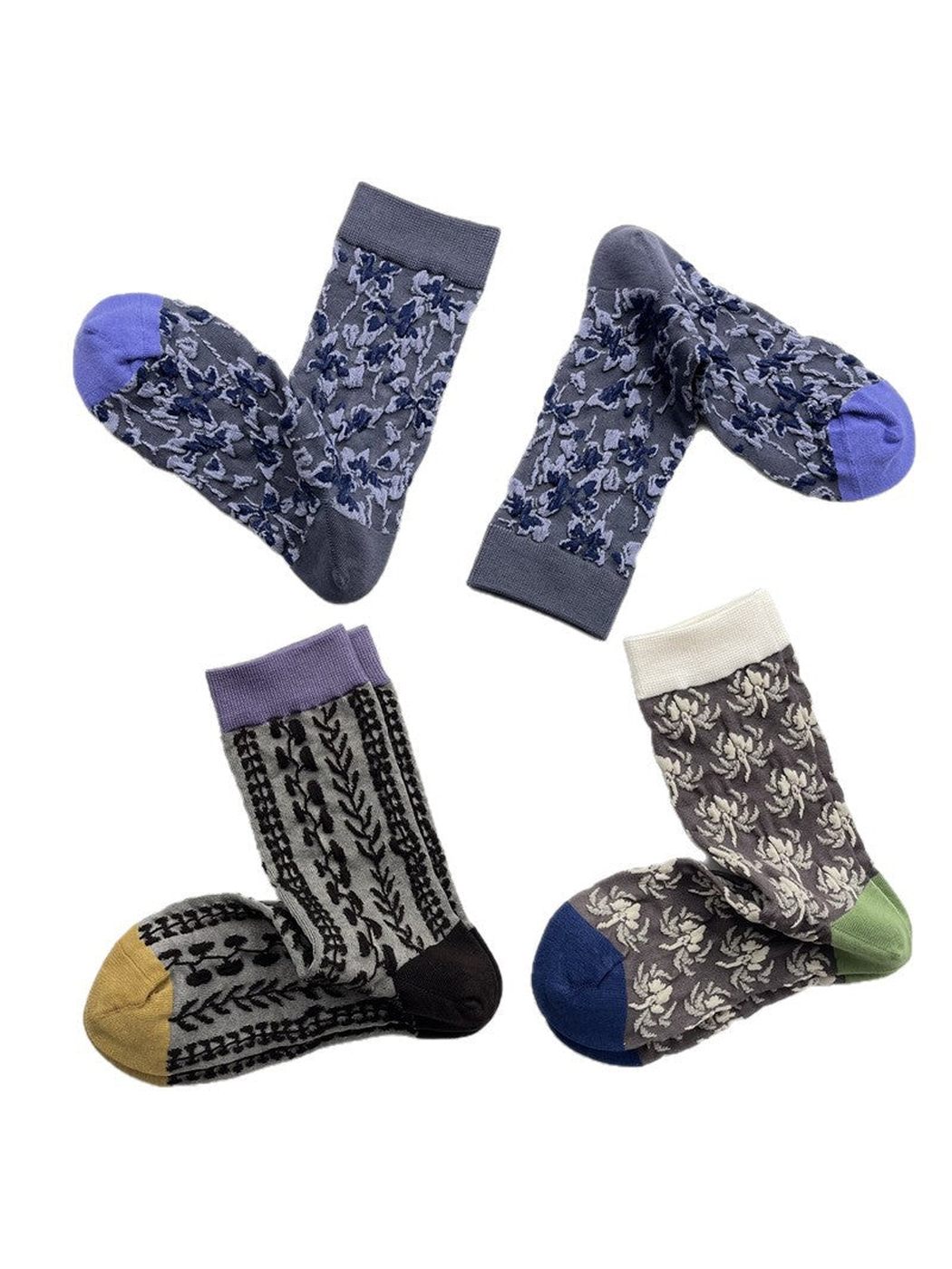 Three patterned crew sock styles arranged on a white background