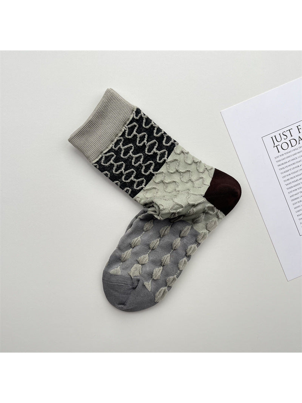 Color-block geometric crew socks with raised wavy texture