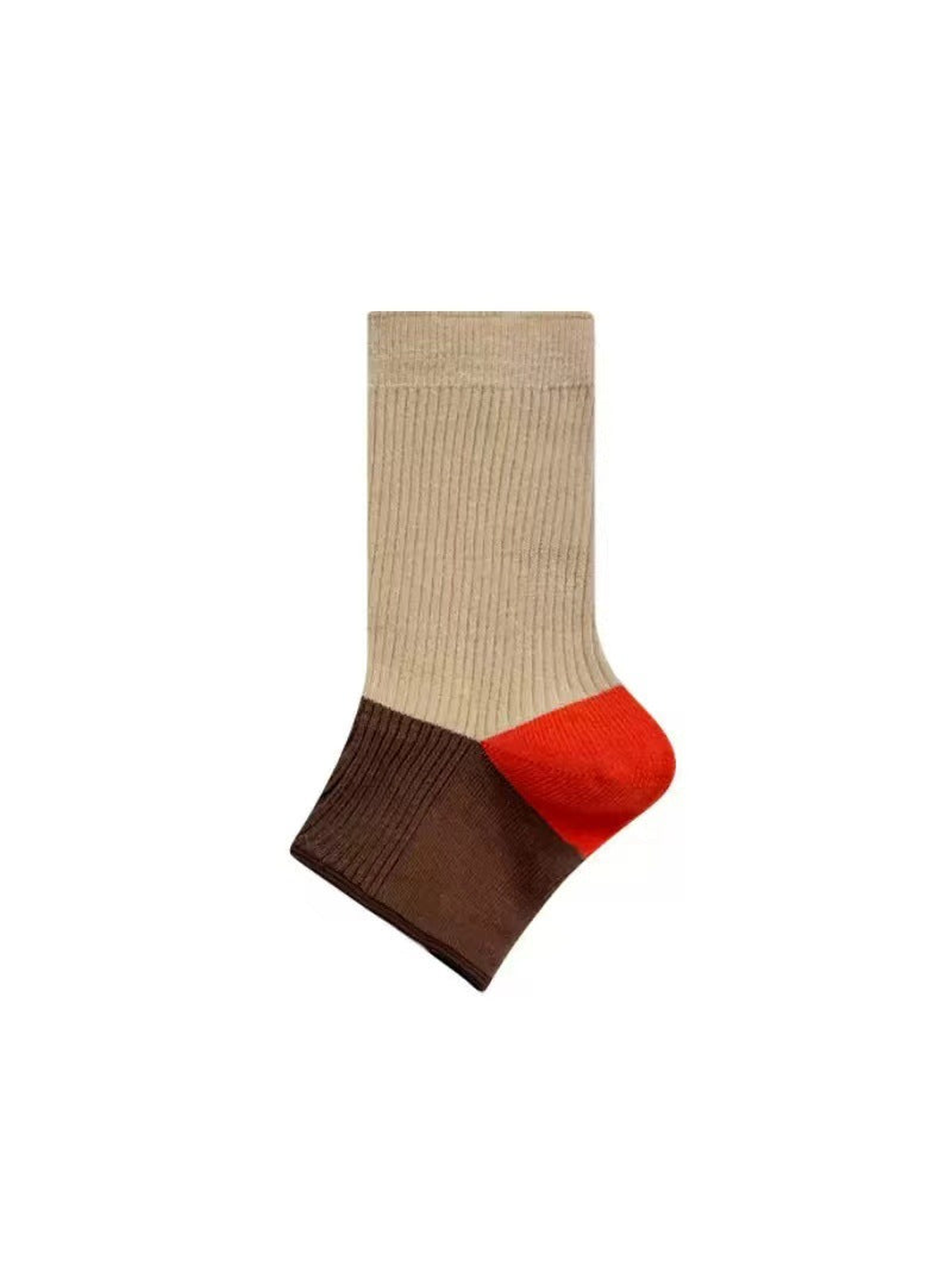 Beige, dark brown and orange-red color-block open-toe sock
