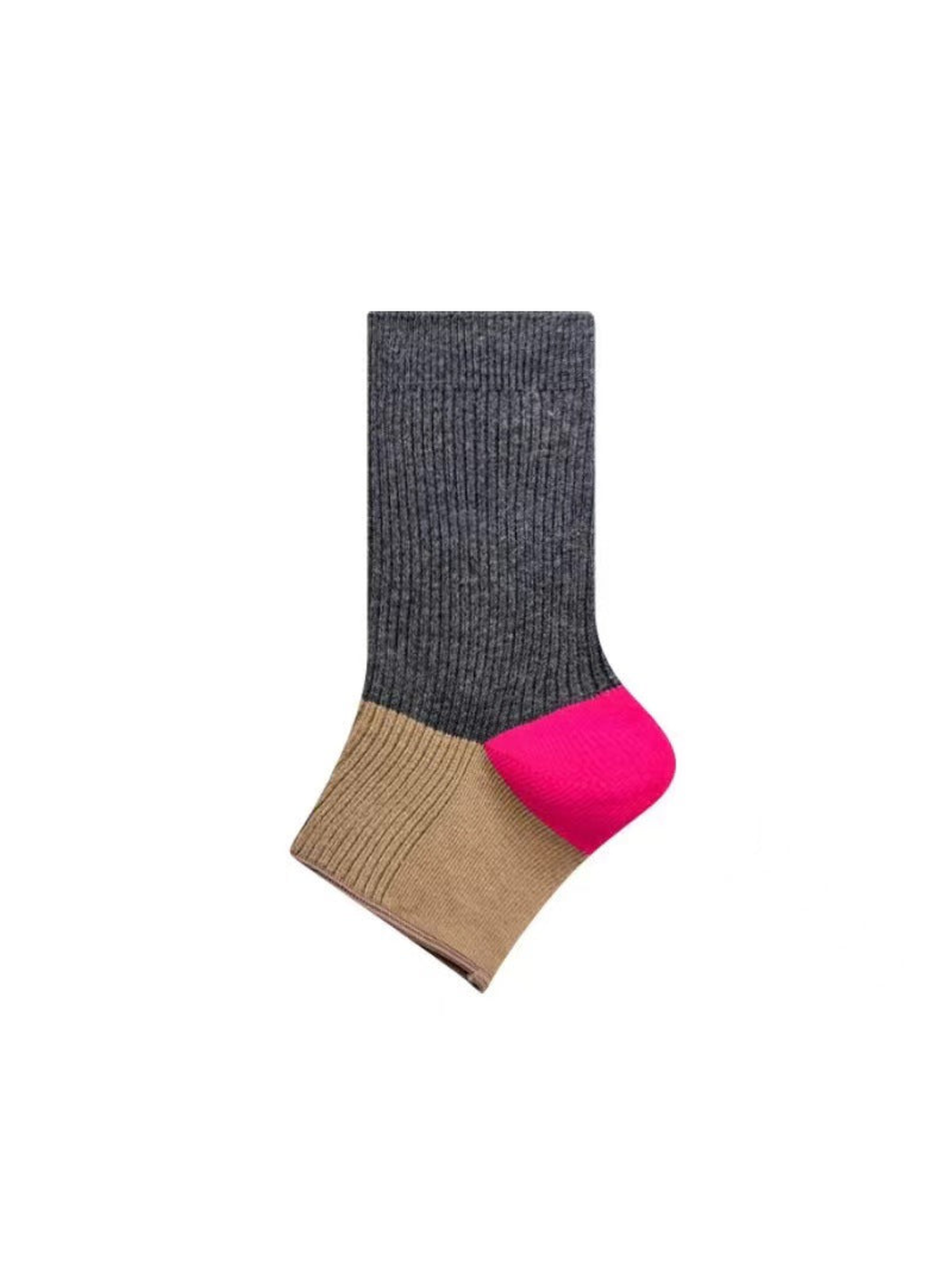 Dark gray, khaki and fuchsia color-block open-toe sock