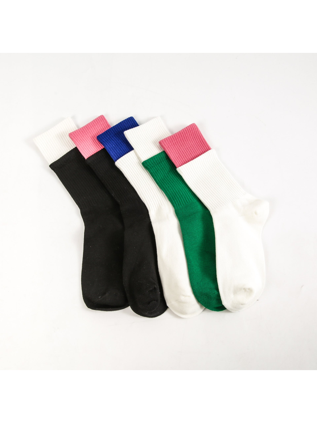Assorted color-block crew socks with contrasting ribbed cuffs