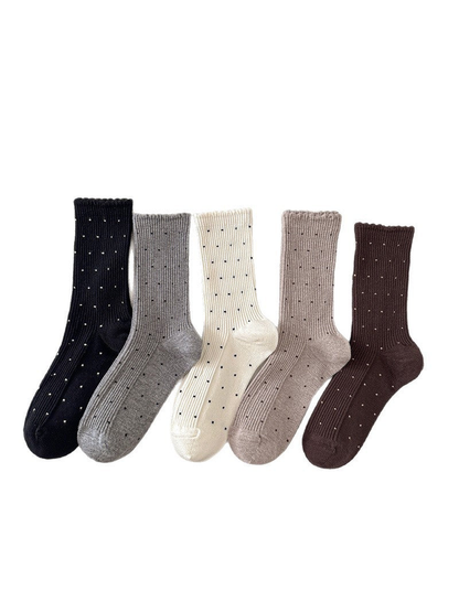 Five colors of ribbed polka-dot crew socks displayed together