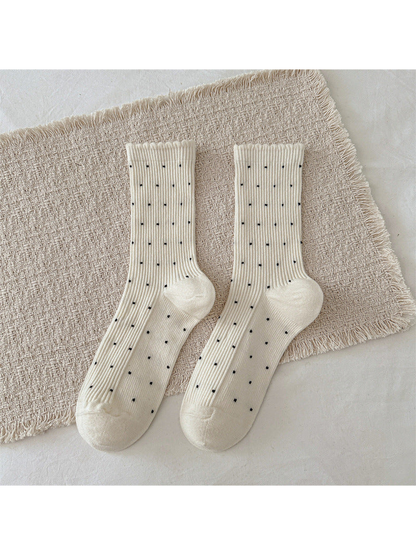 Ivory ribbed polka-dot crew socks