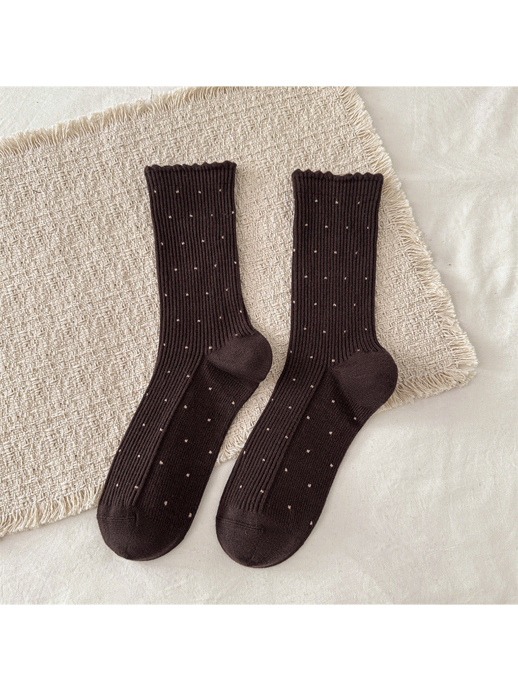 Dark brown ribbed polka-dot crew socks