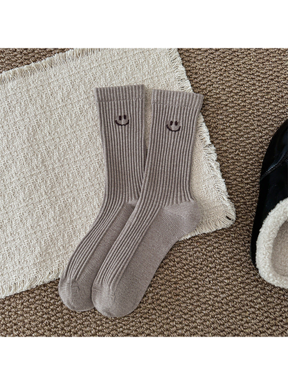 Greige ribbed smiley crew socks, full product view