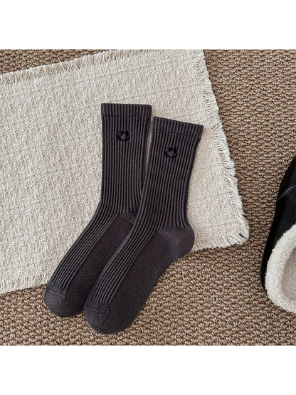 Dark gray ribbed smiley crew socks, full product view