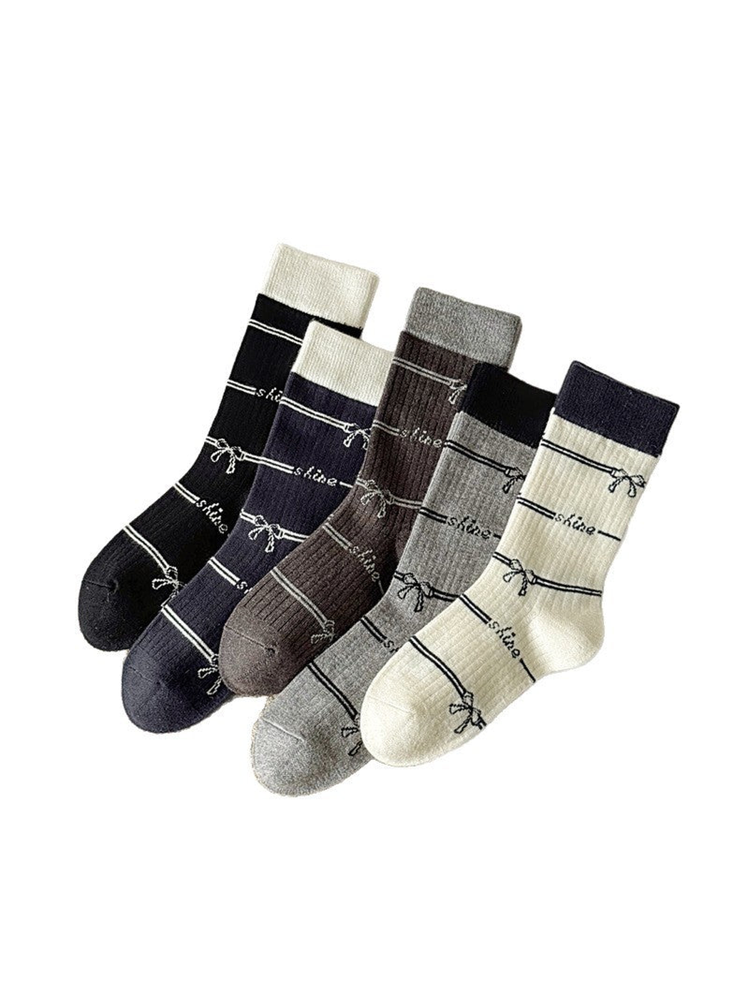 Five color variations of bow-and-stripe crew socks displayed together