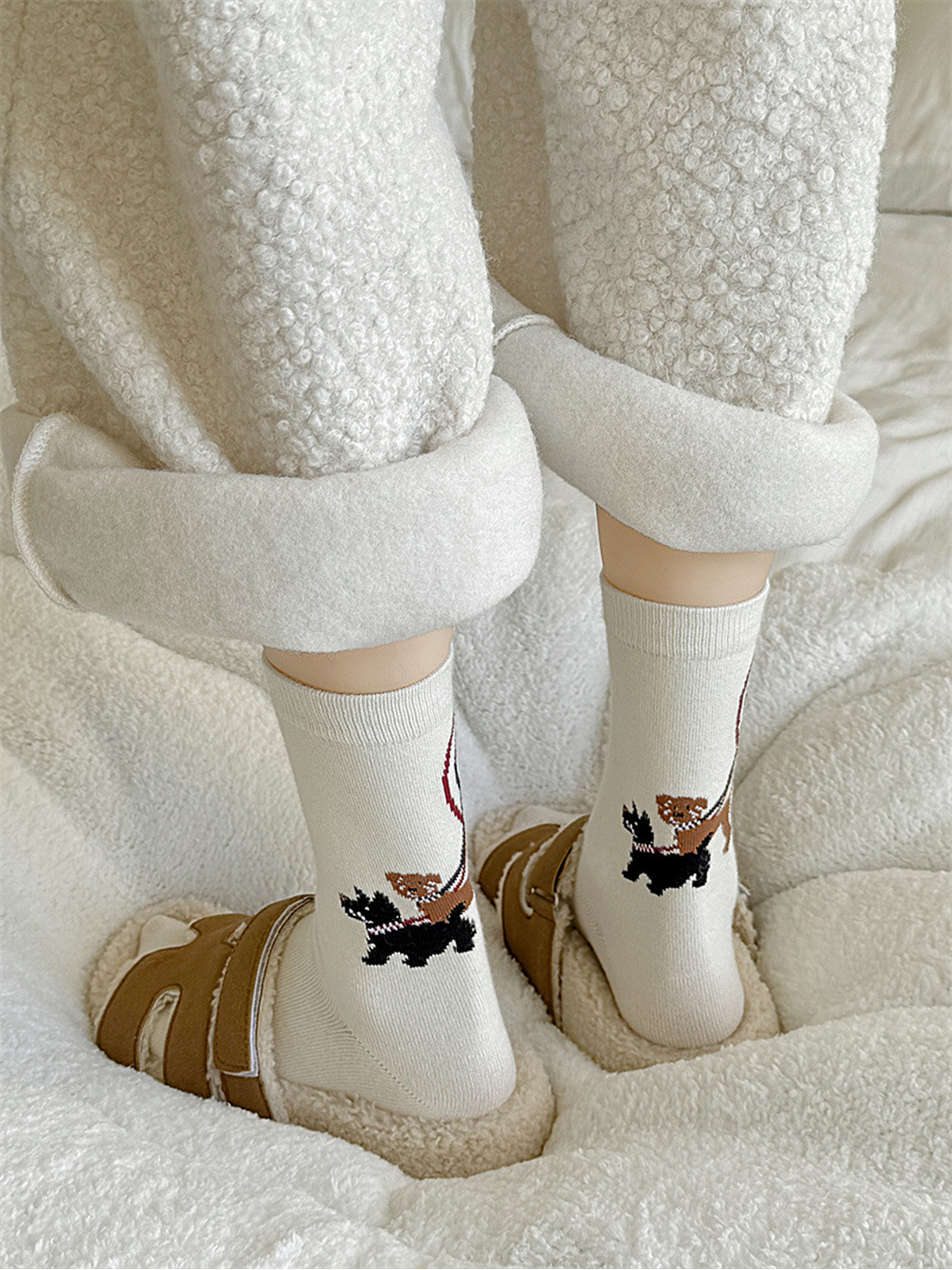 Ivory dog-walking motif crew socks styled with slippers