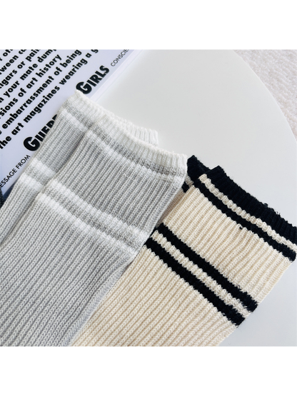 Close-up of contrasting stripes around the ribbed sock cuffs