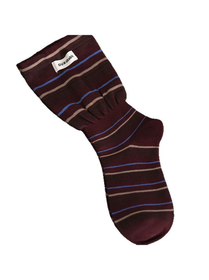 Burgundy crew sock with narrow horizontal stripes and a gathered ankle band