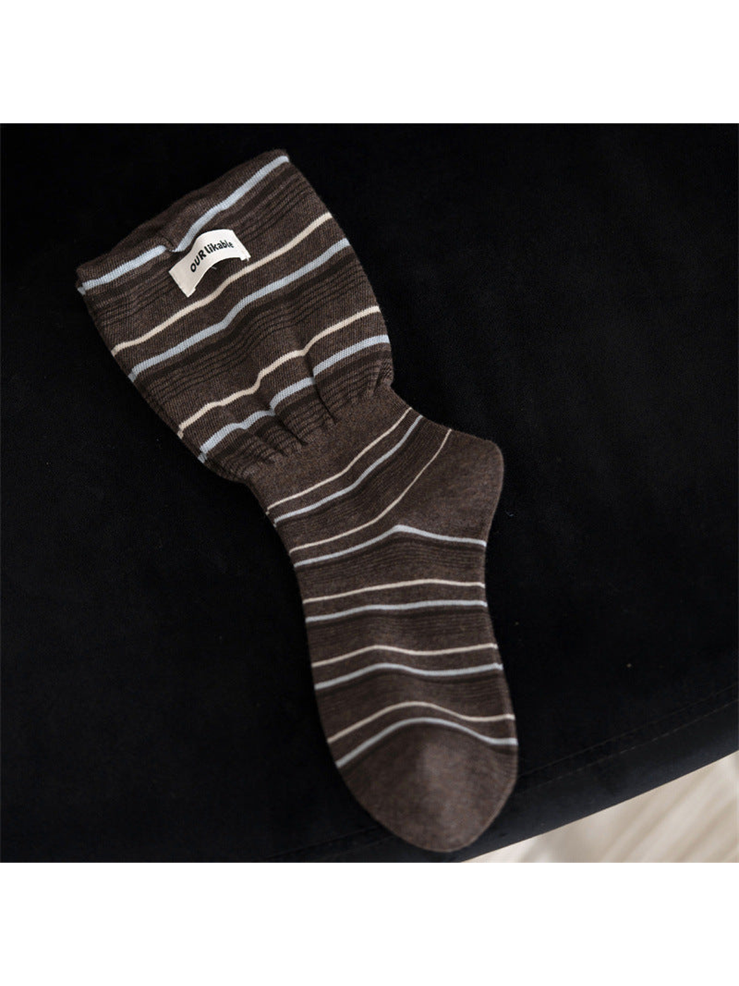 Coffee brown striped crew sock with a gathered ankle band