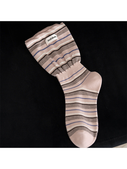Light pink striped crew sock with a gathered ankle band