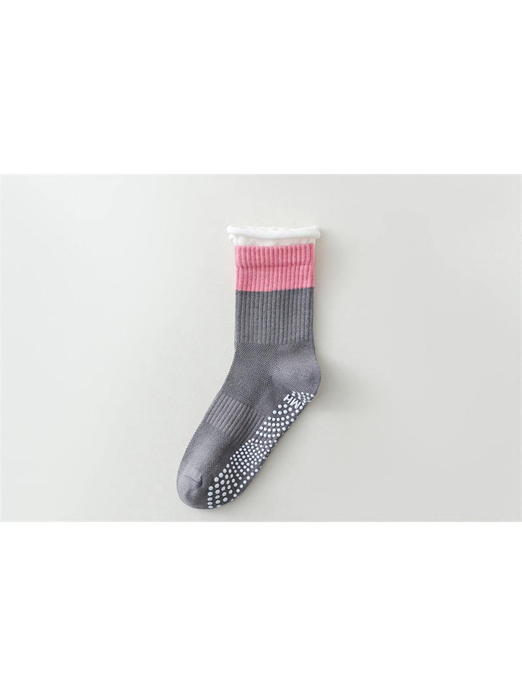 Gray color-blocked crew sock with pink band and white rolled edge