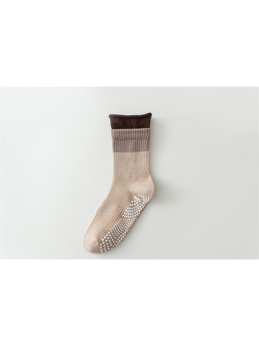 Khaki color-blocked crew sock with taupe band and brown rolled edge