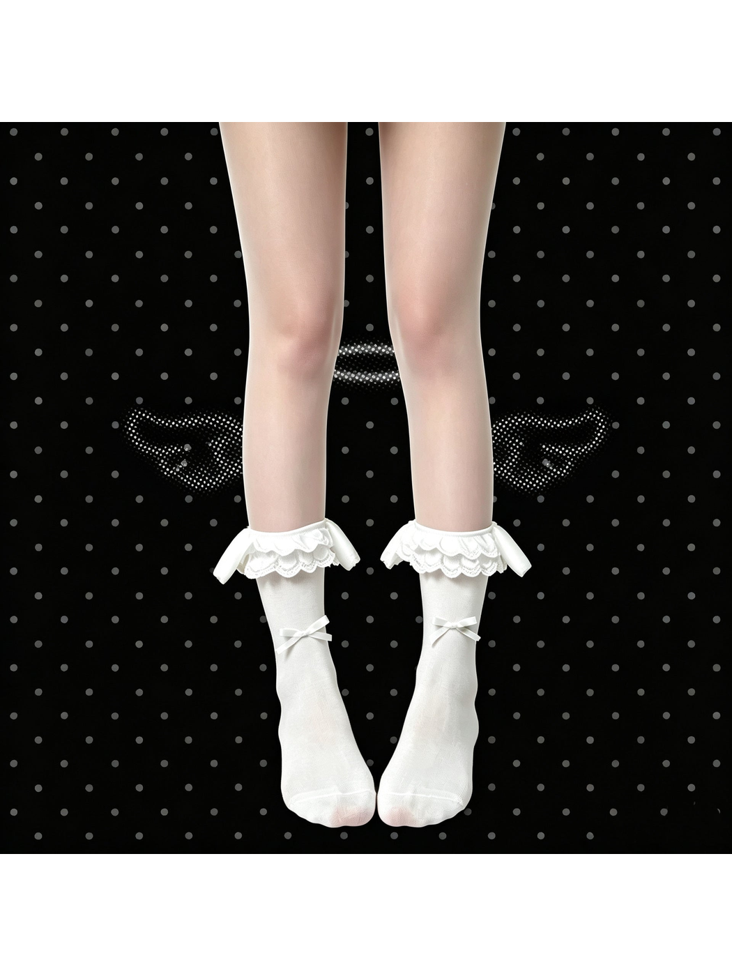 White ankle socks with layered lace cuffs, white rabbit-ear accents and ribbon bows