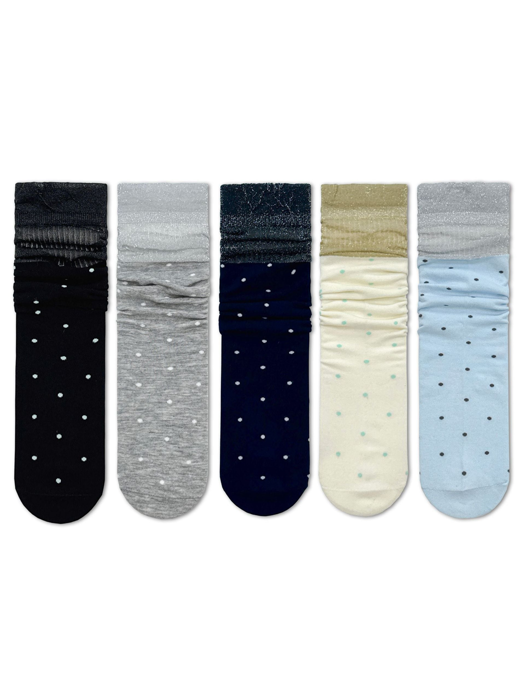 Five polka-dot crew sock colors displayed together on white