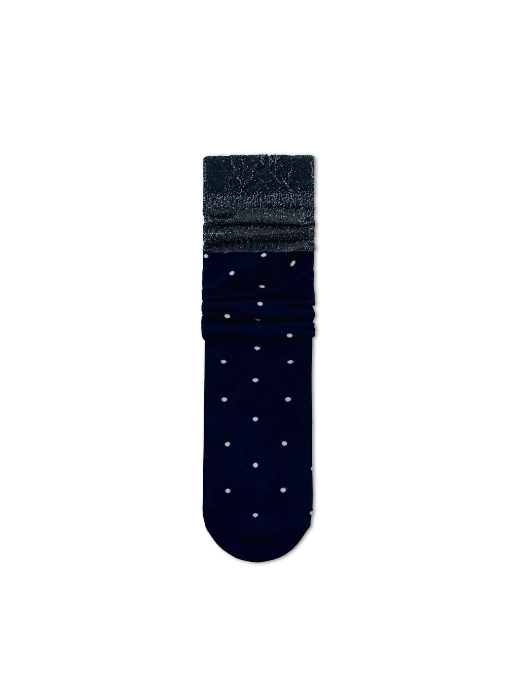 Navy polka-dot crew sock with contrasting sheer cuff