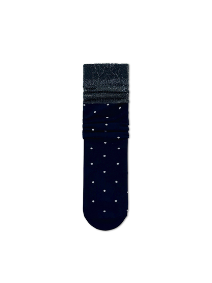 Navy polka-dot crew sock with contrasting sheer cuff
