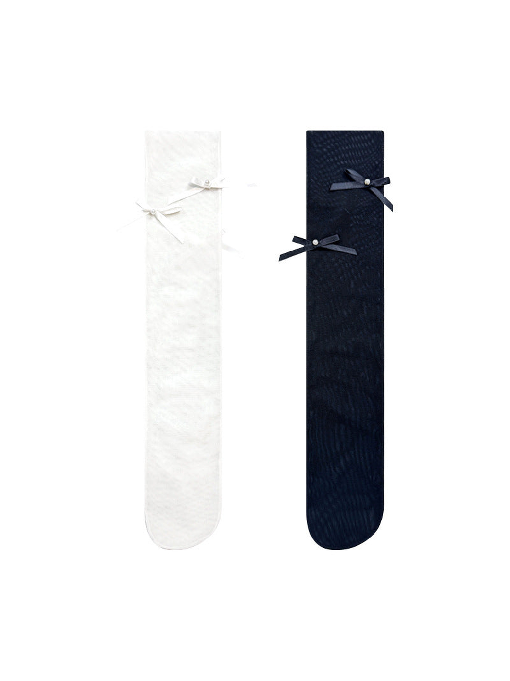 Black and white bow-accent mesh socks displayed together