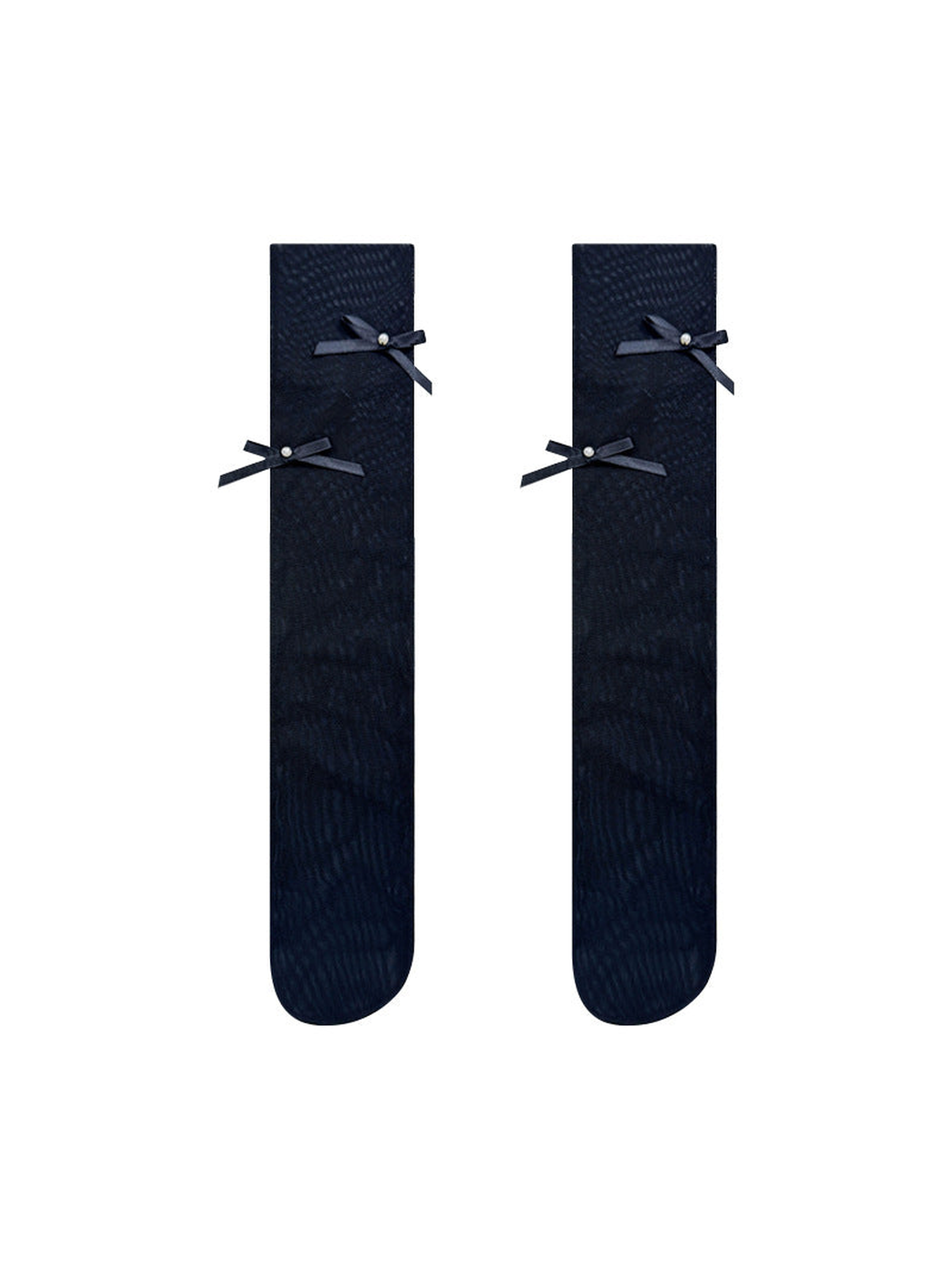 Black sheer knee-high socks with ribbon bows and pearl-like centers