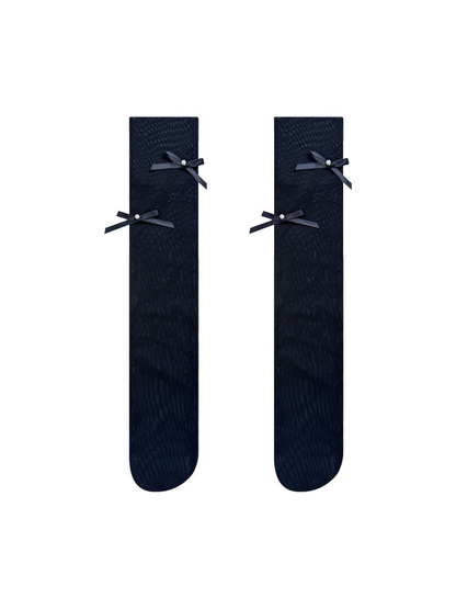 Black sheer knee-high socks with ribbon bows and pearl-like centers