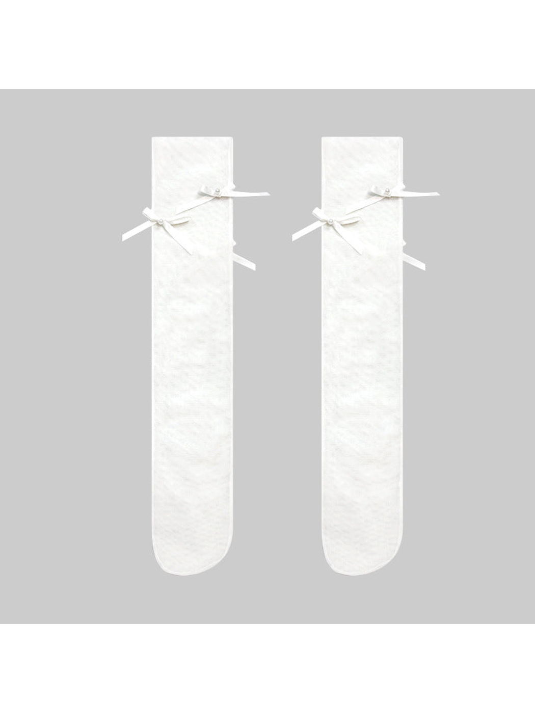 White sheer knee-high socks with ribbon bows and pearl-like centers