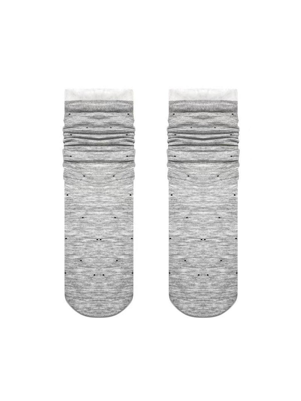 Light gray dotted crew socks with sheer ruffled cuffs