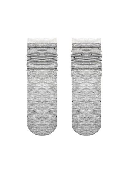 Light gray dotted crew socks with sheer ruffled cuffs