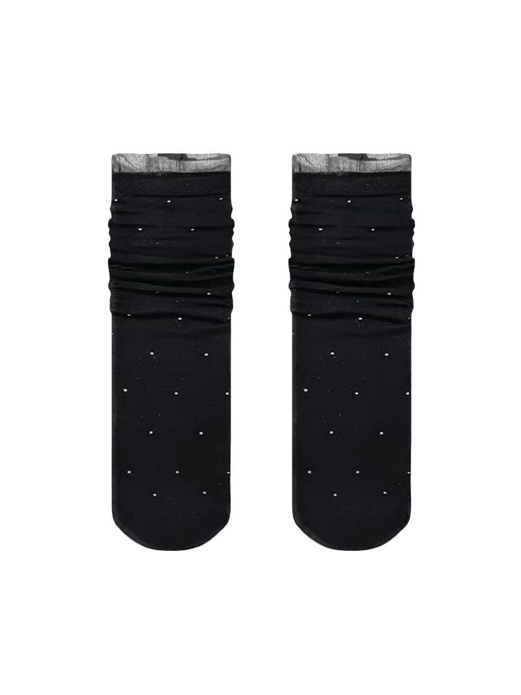 Black dotted crew socks with sheer ruffled cuffs
