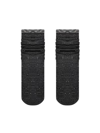 Dark gray dotted crew socks with sheer ruffled cuffs