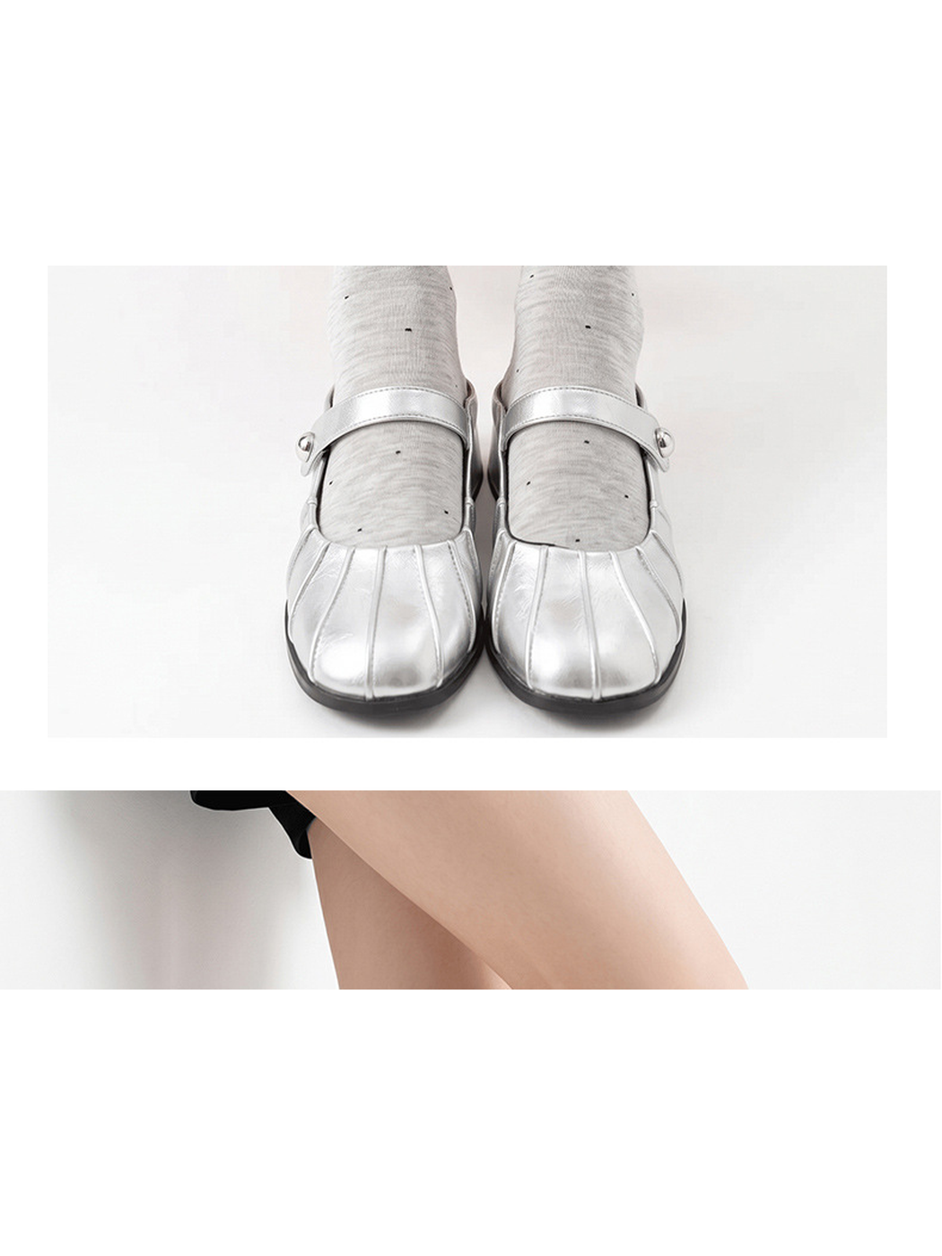 Light gray dotted socks styled with silver shoes