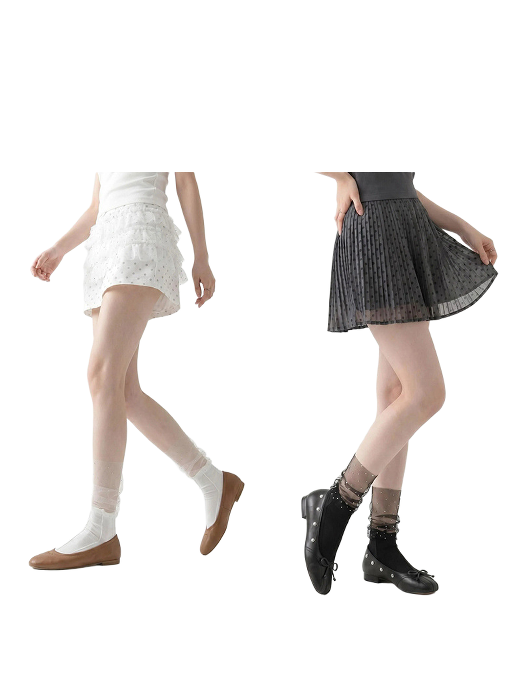 White and black sheer ruffle socks styled with contrasting flats
