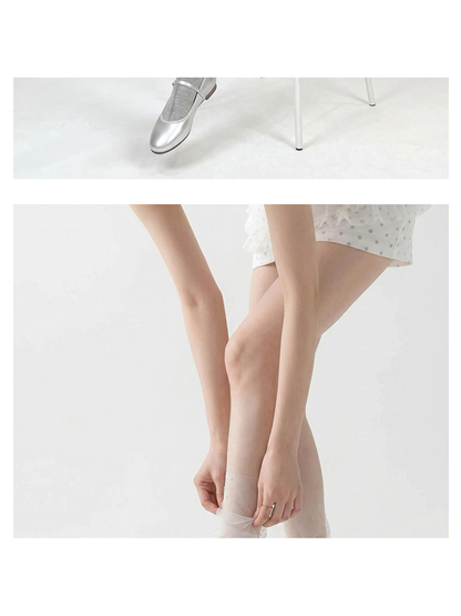 White sheer ruffle socks being adjusted on the lower leg