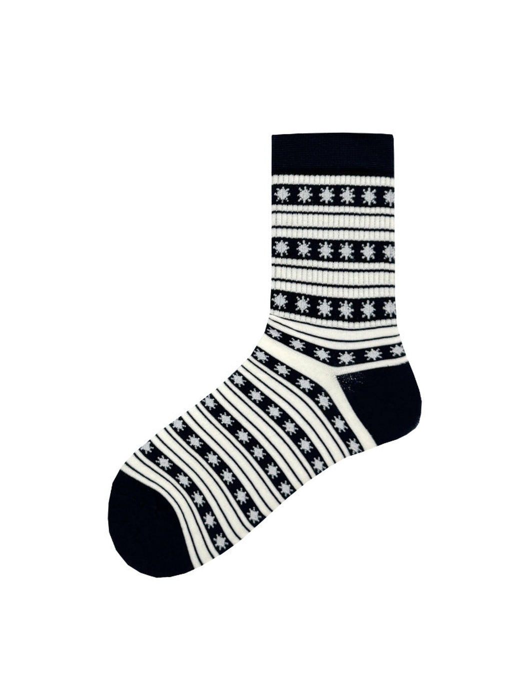 Black crew sock with white striped snowflake pattern