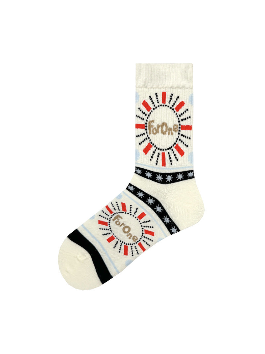 Ivory crew sock with red and navy sunburst pattern
