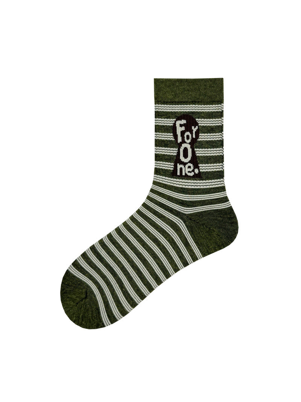 Army green crew sock with narrow stripes and letter patch