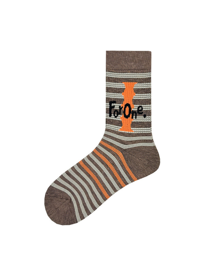 Light coffee crew sock with stripes and orange graphic
