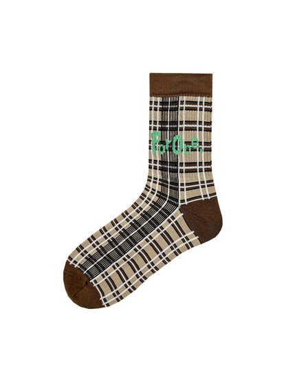 Dark brown crew sock with beige, black and white plaid pattern
