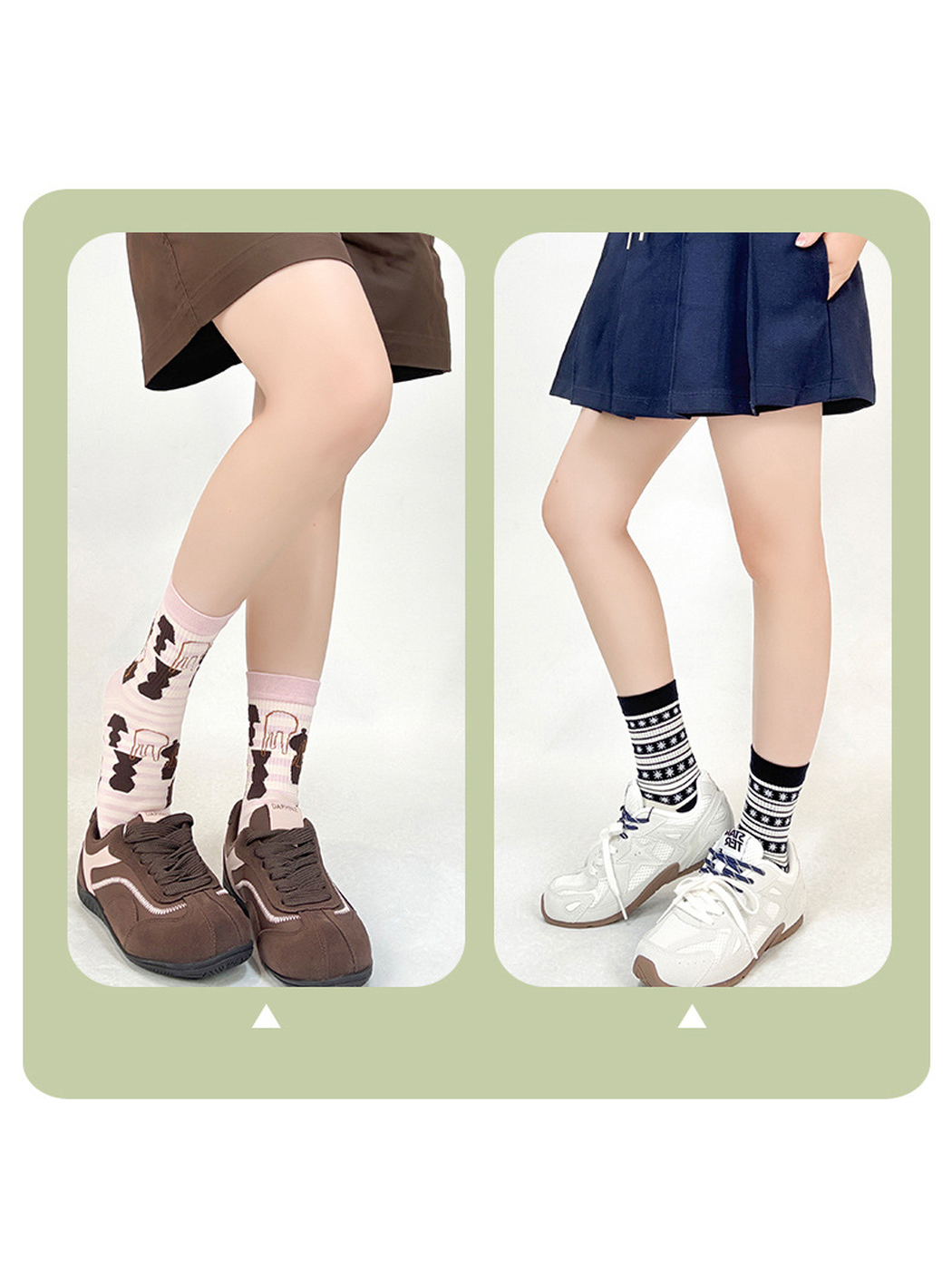 Pink abstract-pattern and black striped socks styled with sneakers