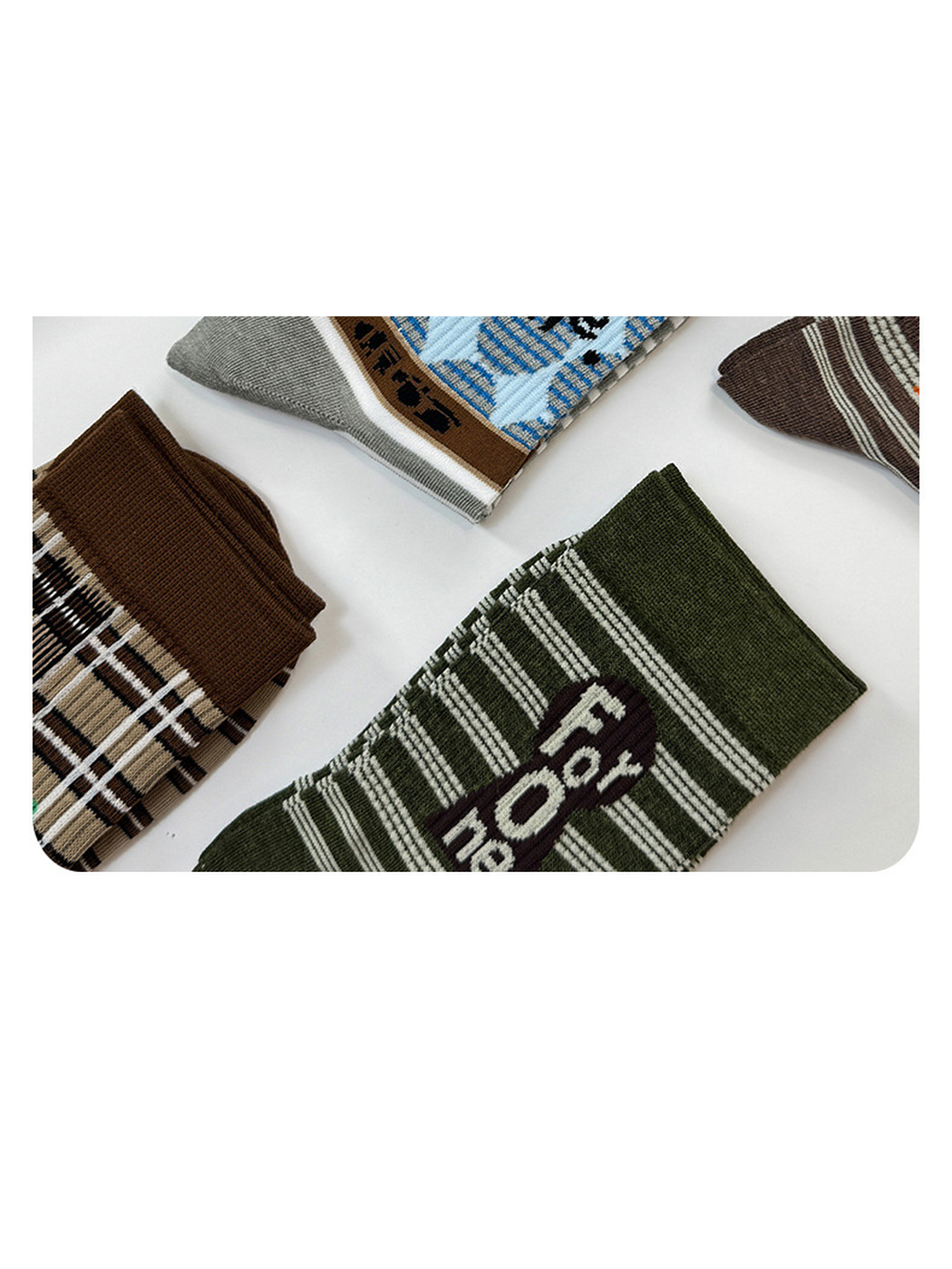 Assorted patterned crew socks arranged together in multiple colors
