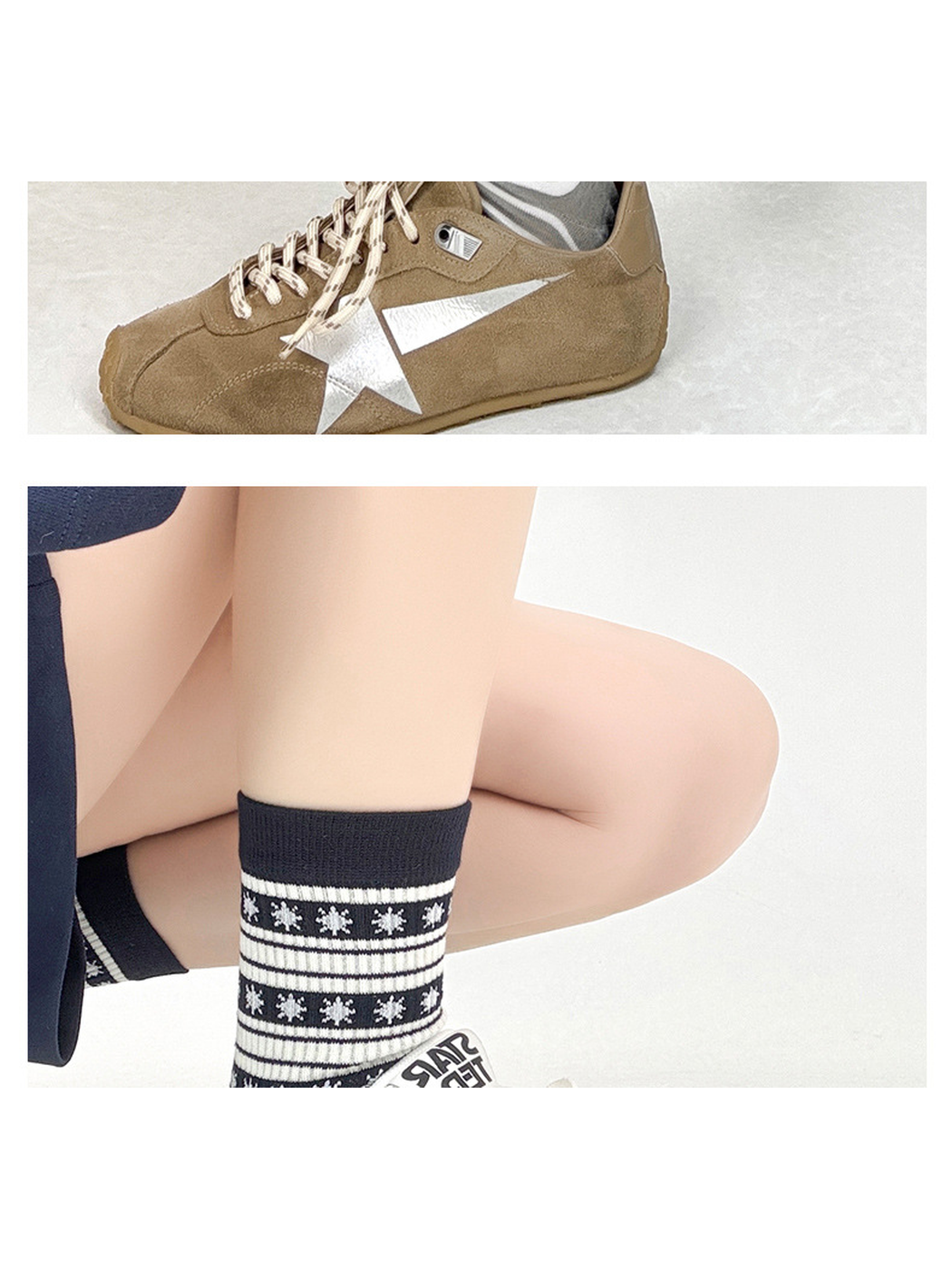 Black patterned crew sock styled with a white sneaker