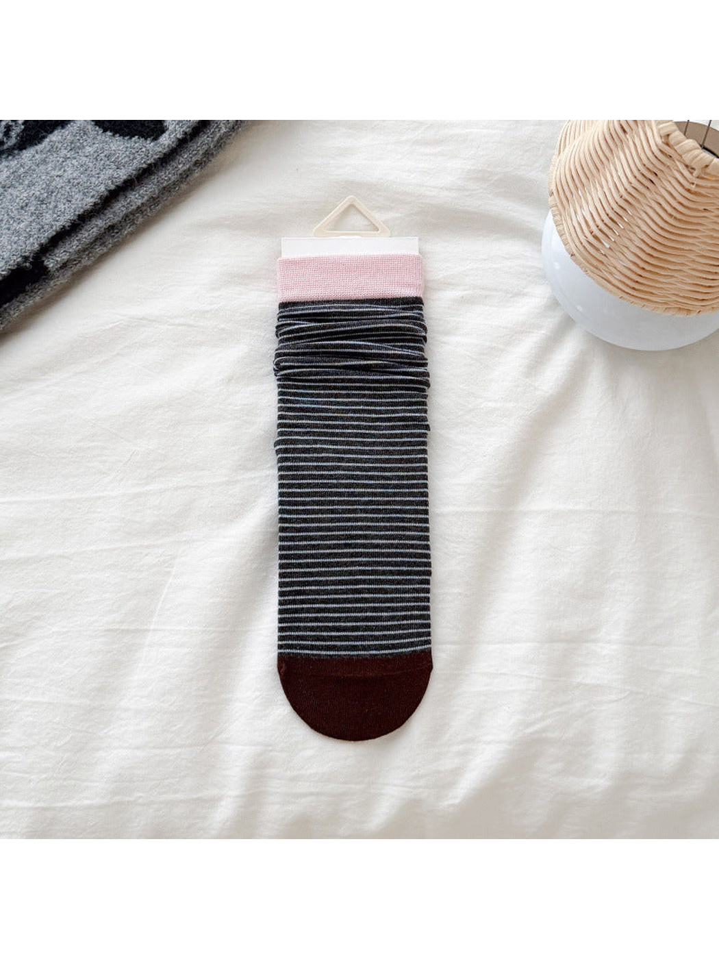 Light pink cuff dark striped crew sock with brown toe, flat display