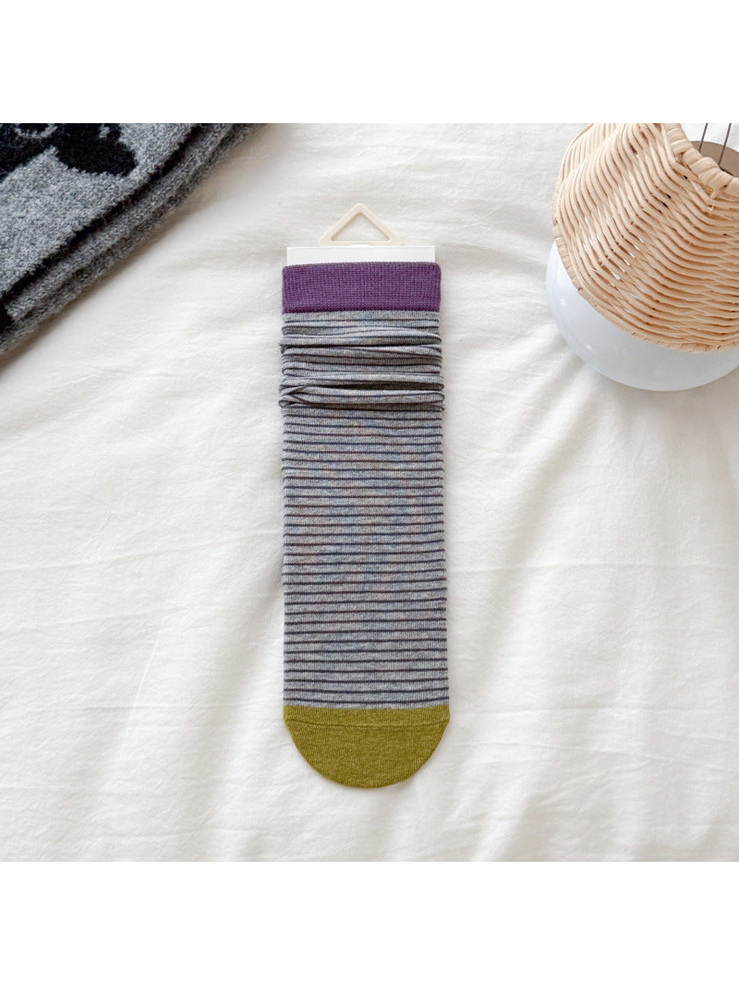 Purple cuff gray striped crew sock with green toe, flat display